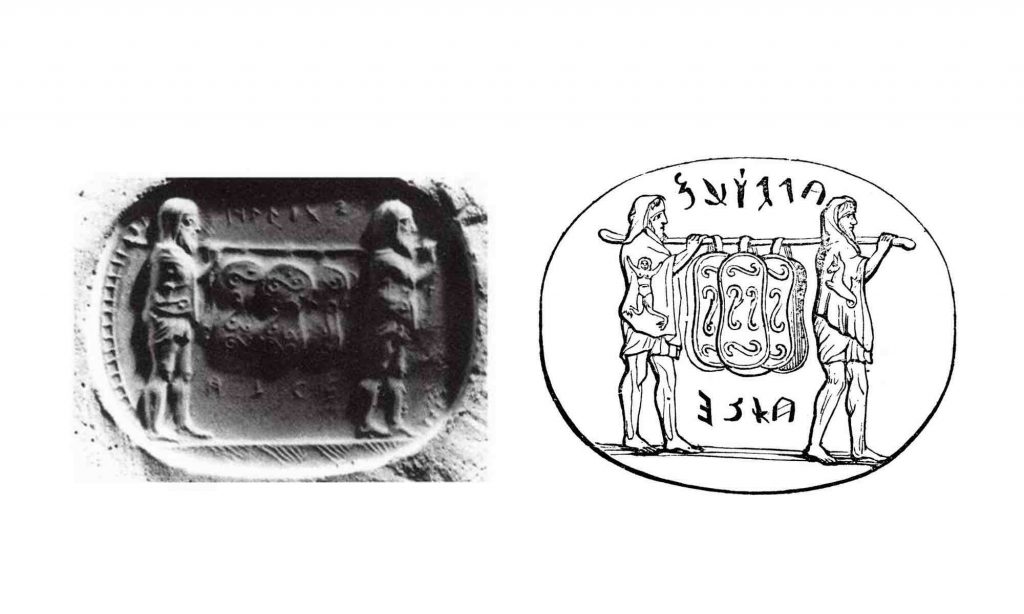 Gemma arcaica che rappresenta il trasporto degli scudi ancilia da parte di ministri del collegio dei Salii