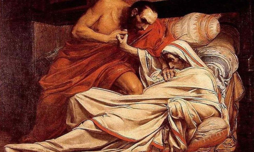 Dipinto a olio che rappresenta la morte dell'imperatore Tiberio dell'artista Jean Paul Laurens