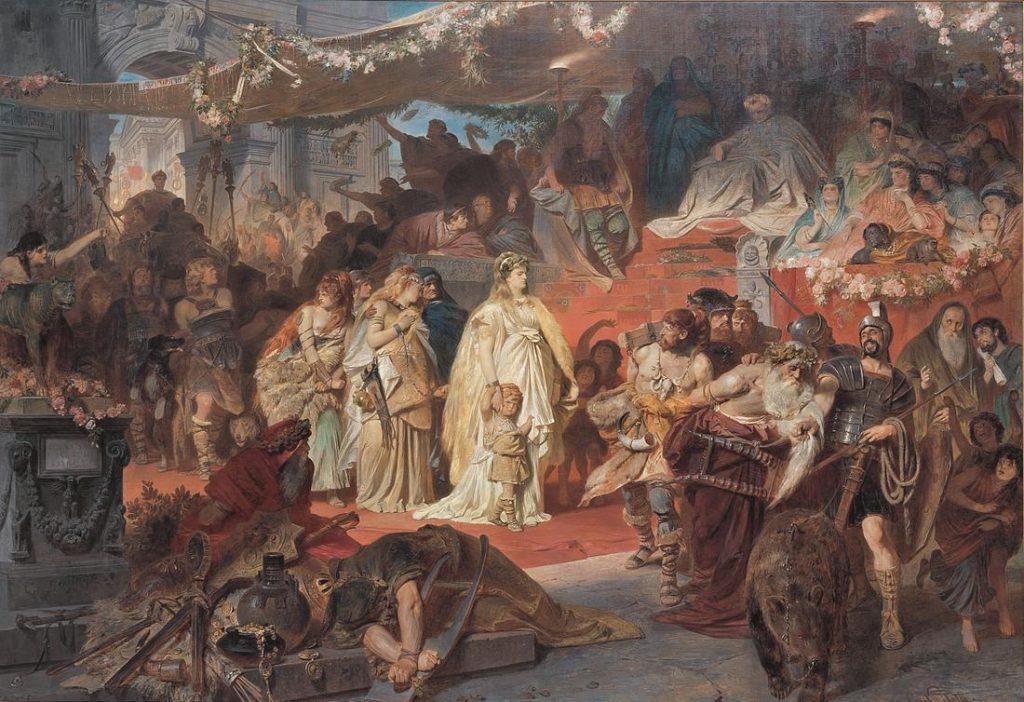 Dipinto di Theodor Von Piloty che rappresenta il trionfo di Germanico, in primo piano Thusnelda e suo figlio Tumelico